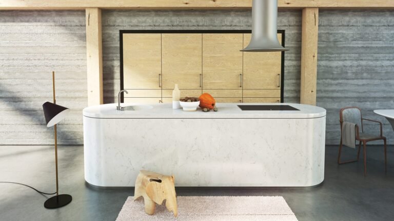 Frosty Carrina quartz countertop installed