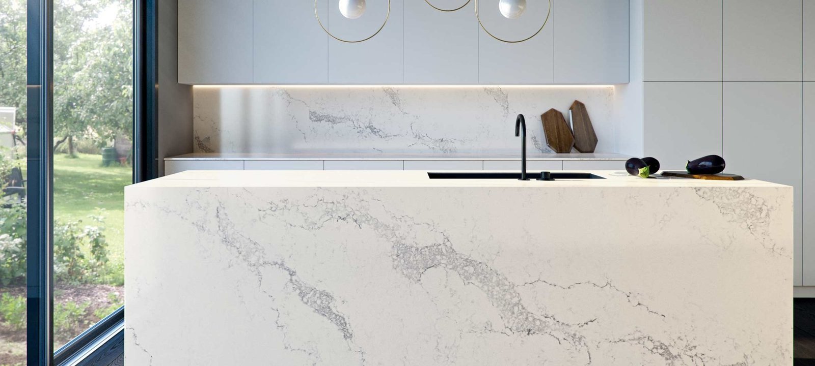 Statuario Maximus quartz countertop installed